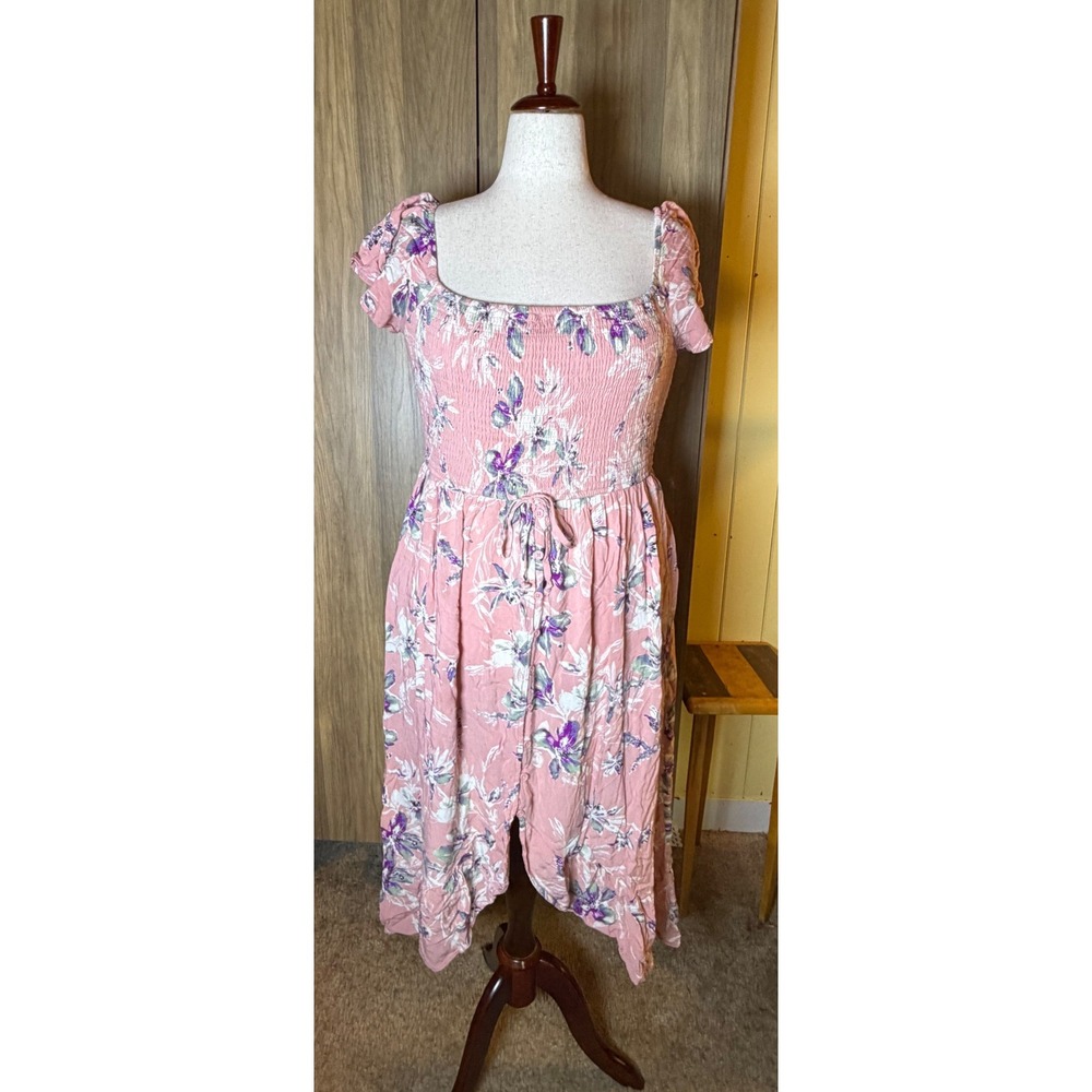 K298. Cottagecore Boho Smocked Midi Dress Button Front High Low Tulip Hem - Picture 2 of 6